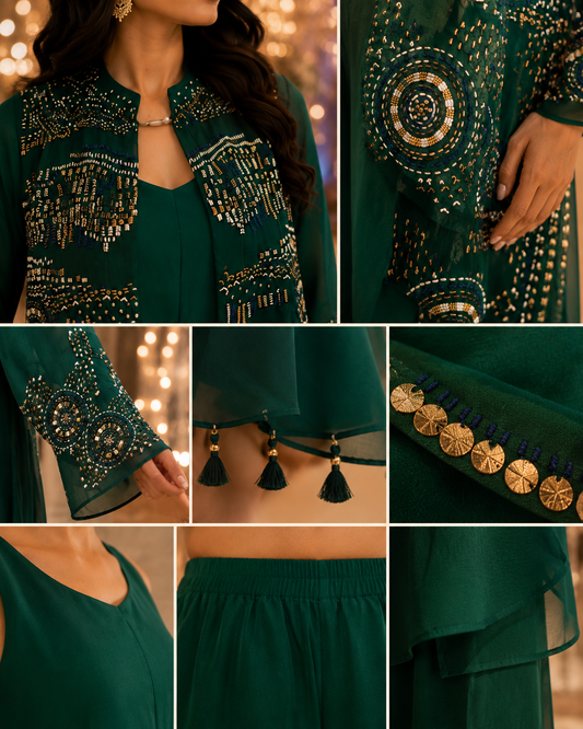 Emerald Tapestry Ensemble – Embroidered Party-Wear Co-ord Set