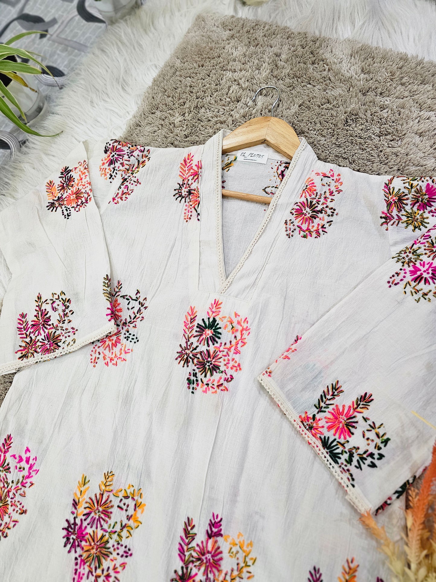 White Cotton Kurta with Multicolor Floral Embroidery - Casual Summer Wear