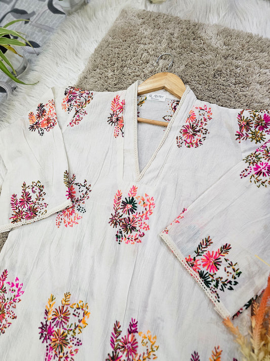 White Cotton Kurta with Multicolor Floral Embroidery - Casual Summer Wear