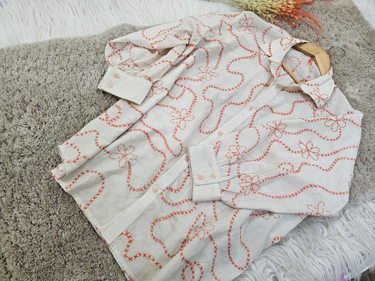 White Cotton Shirt with Red Floral Hand-Embroidery
