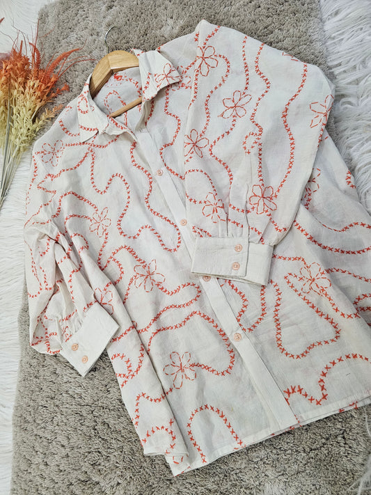 White Cotton Shirt with Red Floral Hand-Embroidery