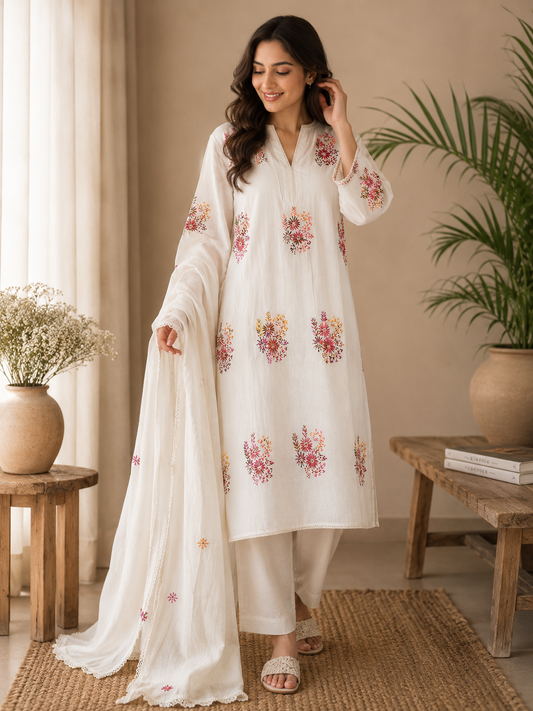 White Cotton Kurta with Multicolor Floral Embroidery - Casual Summer Wear