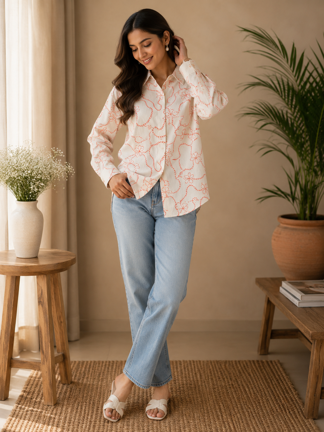 White Cotton Shirt with Red Floral Hand-Embroidery