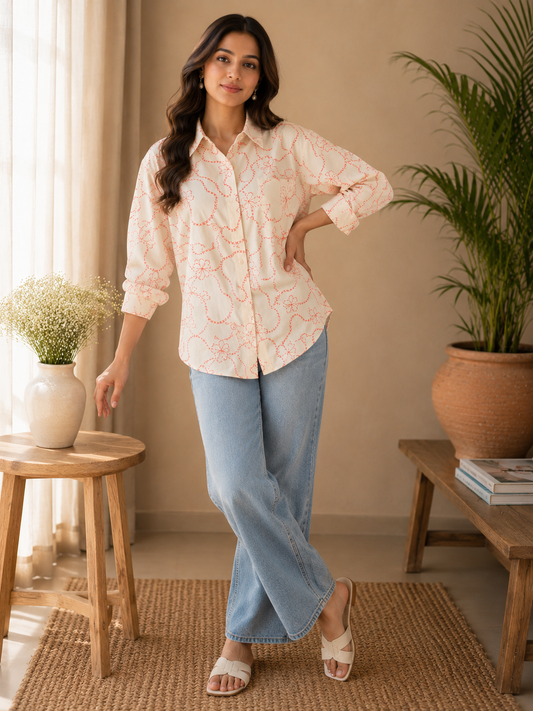 White Cotton Shirt with Red Floral Hand-Embroidery