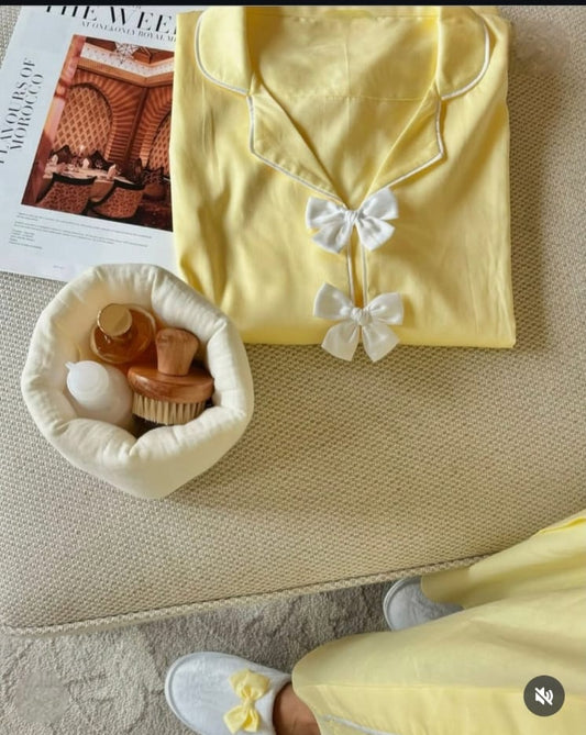 🌼 Lemon Bow – Satin Pajama Set