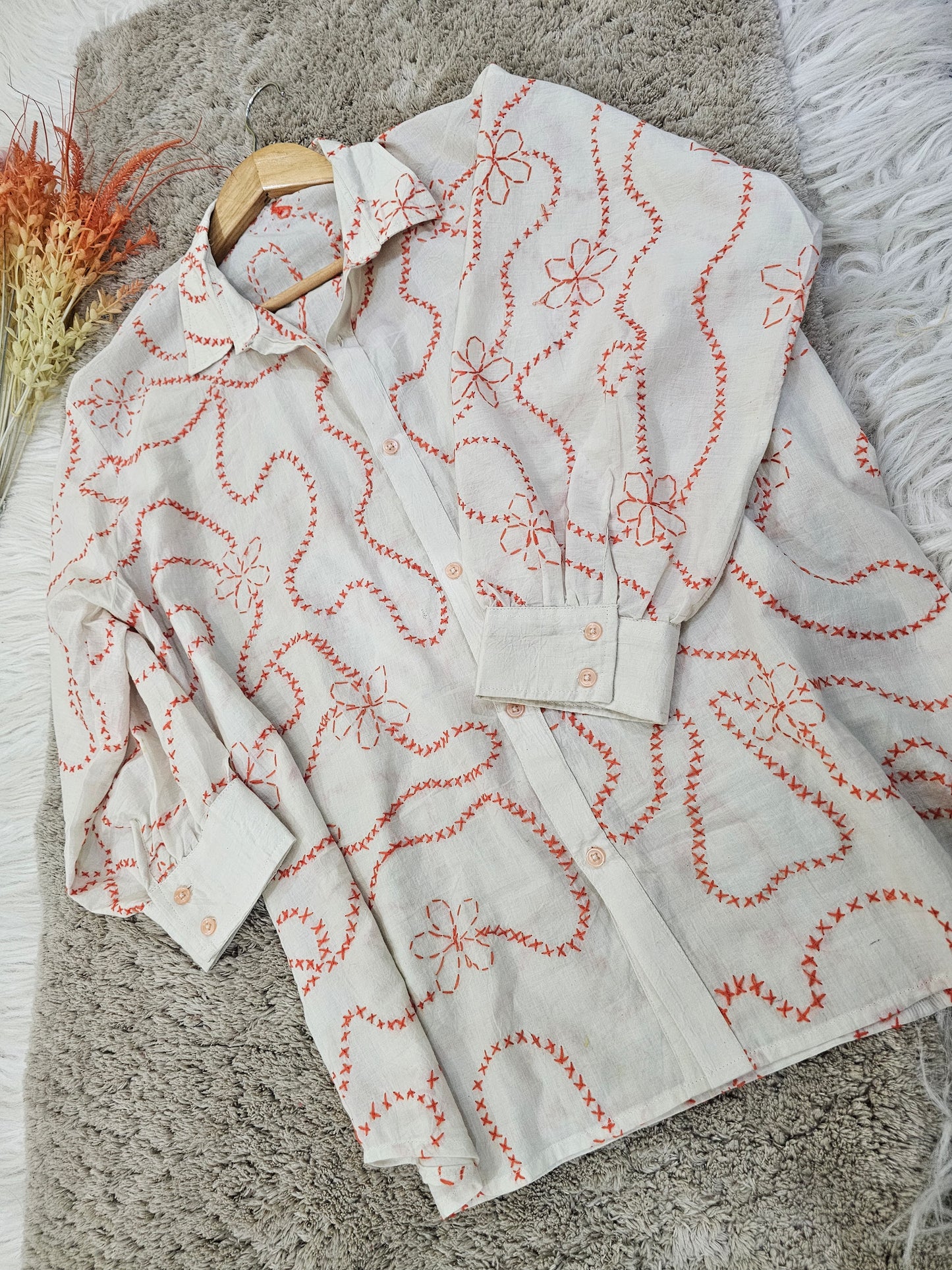 White Cotton Shirt with Red Floral Hand-Embroidery