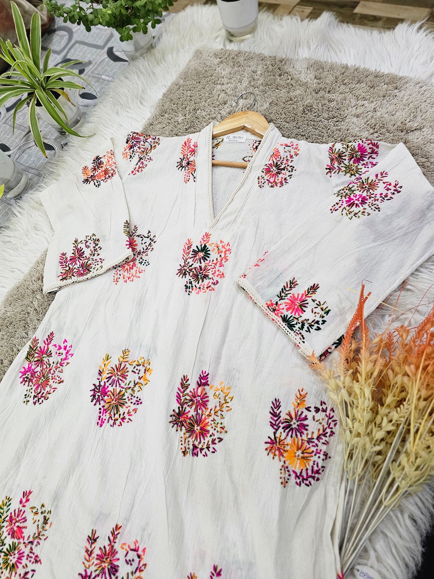White Cotton Kurta with Multicolor Floral Embroidery - Casual Summer Wear
