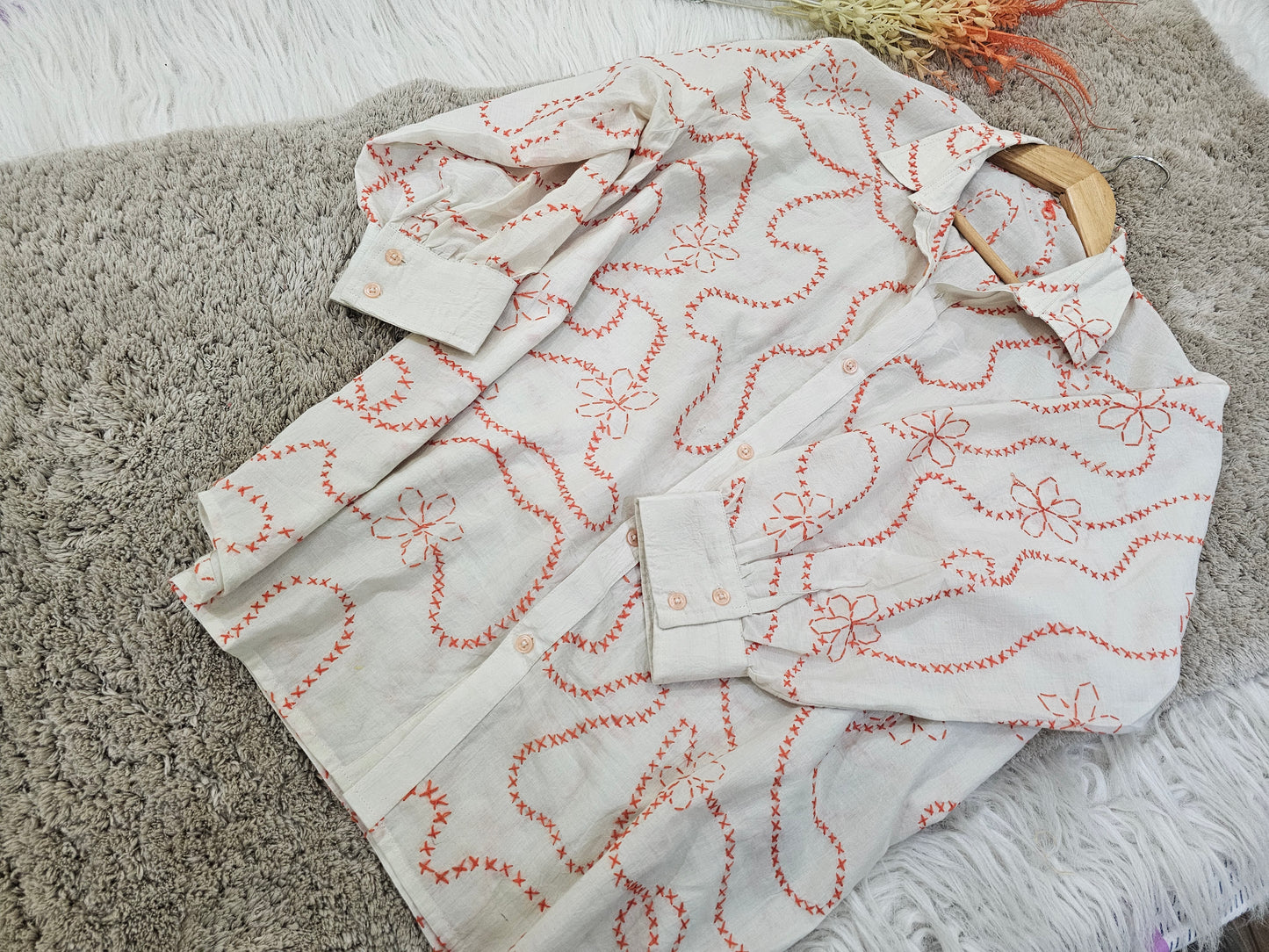 White Cotton Shirt with Red Floral Hand-Embroidery